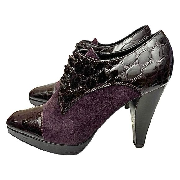 Donald J Pliner Haiden Women’s 7.5 Croc Embossed Plum Suede Oxford Heels Pumps - Picture 6 of 11